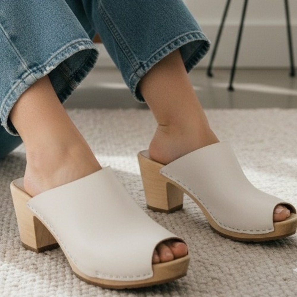 Bosabo White Leather Peep Toe Wooden‎ Platform Chunky Heel Clogs Mules Size 40